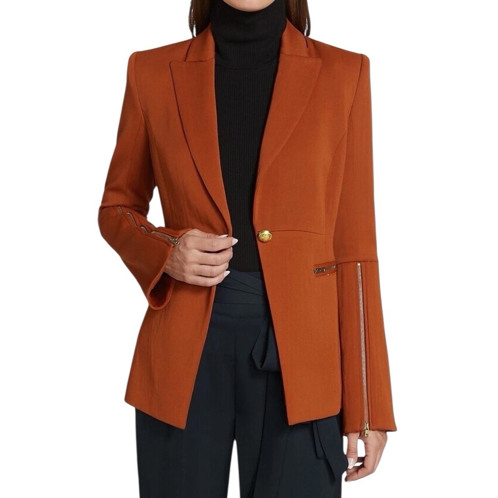 Ramy Brook Womens Blazer 0 Rust Orange Gold Zip Detail Flare Sleeve Jacket‎